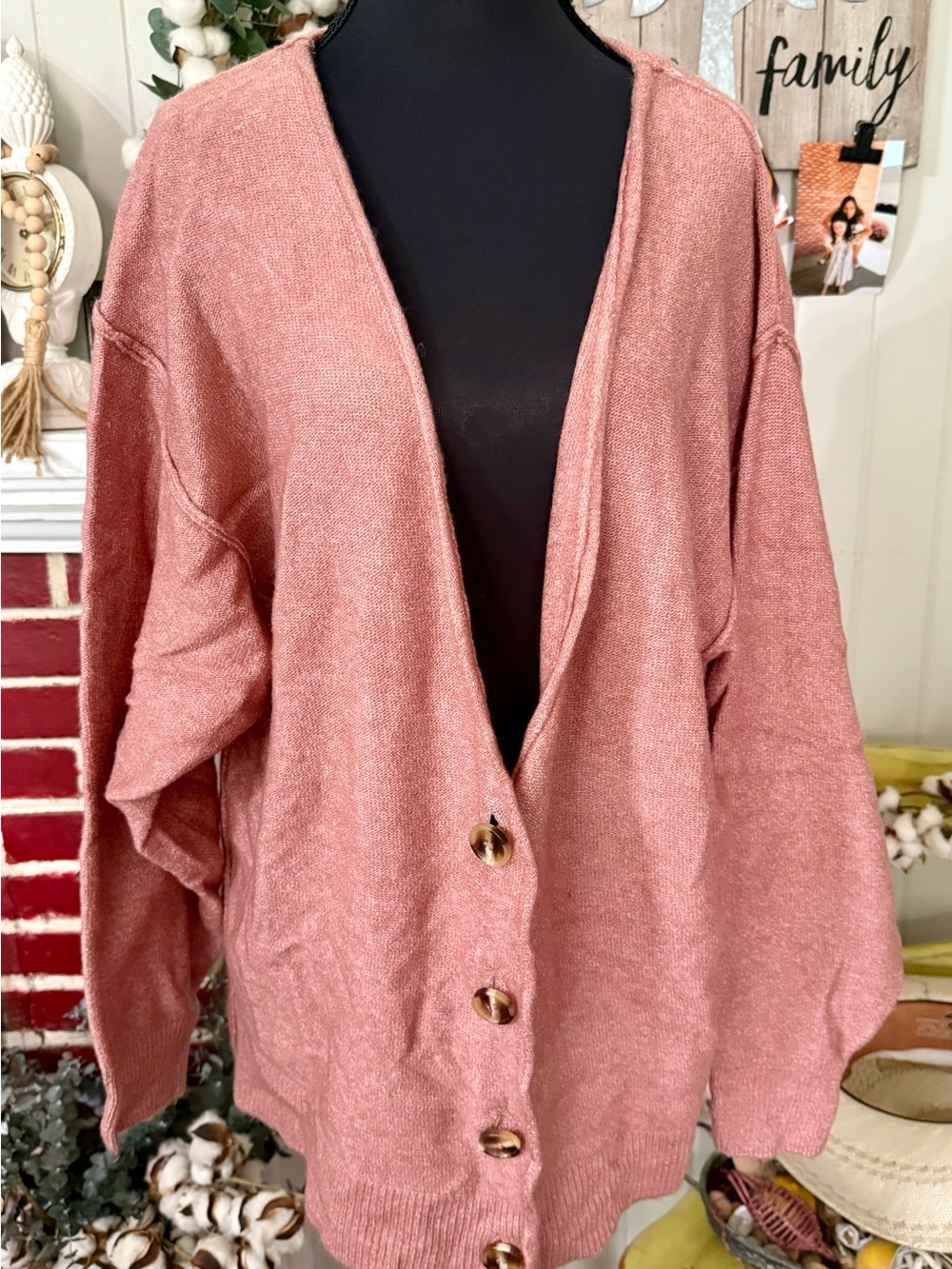 Zenana Relaxed Oversized Dusty Rose Button Cardigan Sweater Size Media